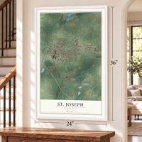 St. Joseph, Minnesota map, 24 x 36 inch print in a white frame by a staircase