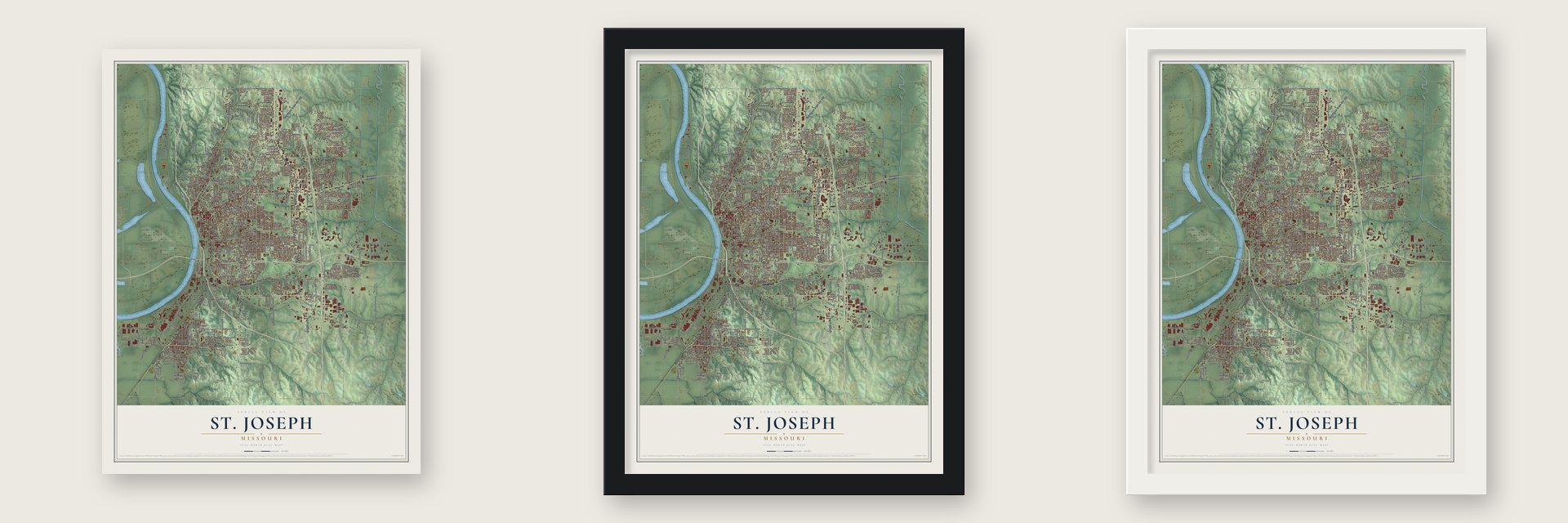 St. Joseph, Missouri map unframed, in a black wood frame and in a white wood frame