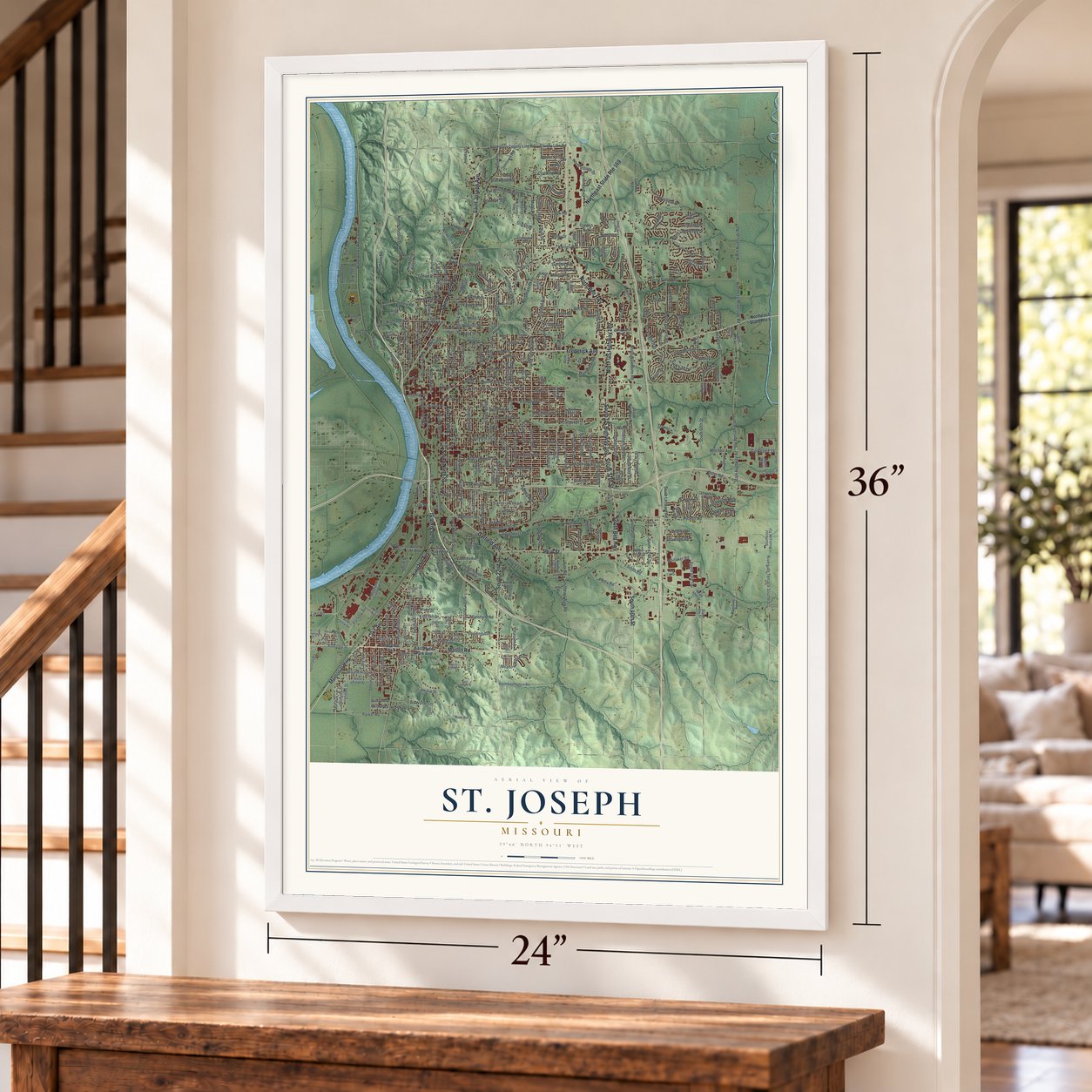 St. Joseph, Missouri map, 24 x 36 inch print in a white frame by a staircase