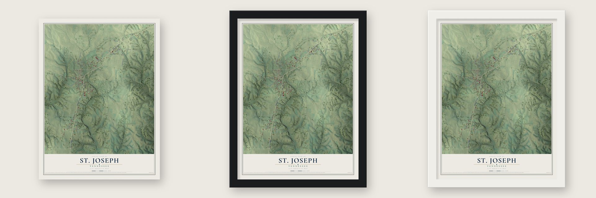 St. Joseph, Tennessee map unframed, in a black wood frame and in a white wood frame