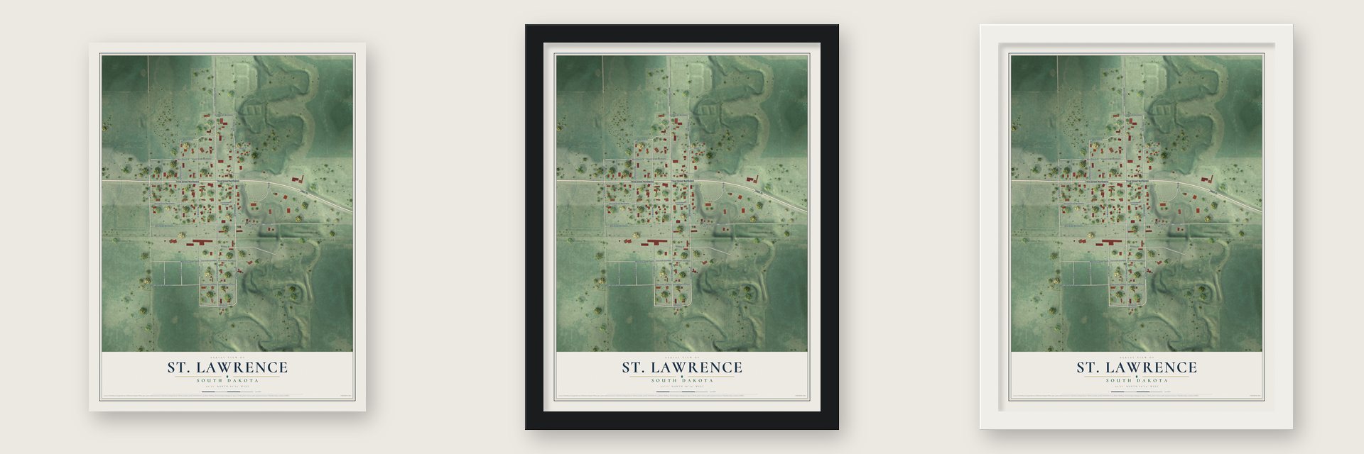 St. Lawrence, South Dakota map unframed, in a black wood frame and in a white wood frame
