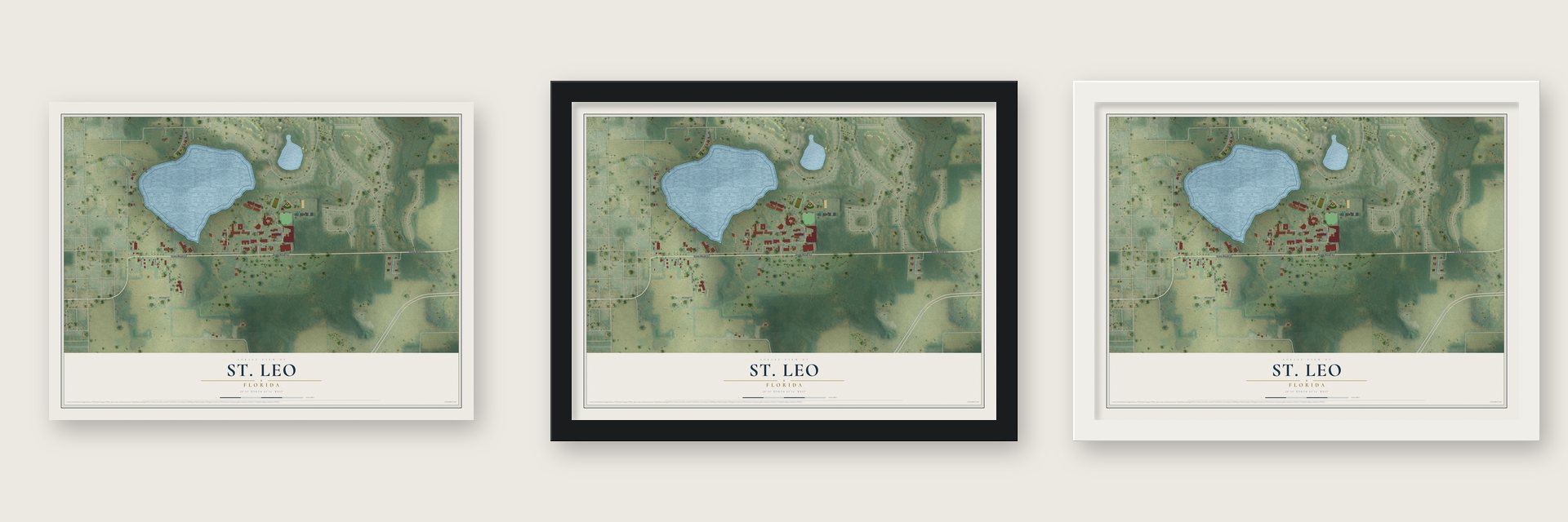 St. Leo, Florida map unframed, in a black wood frame and in a white wood frame
