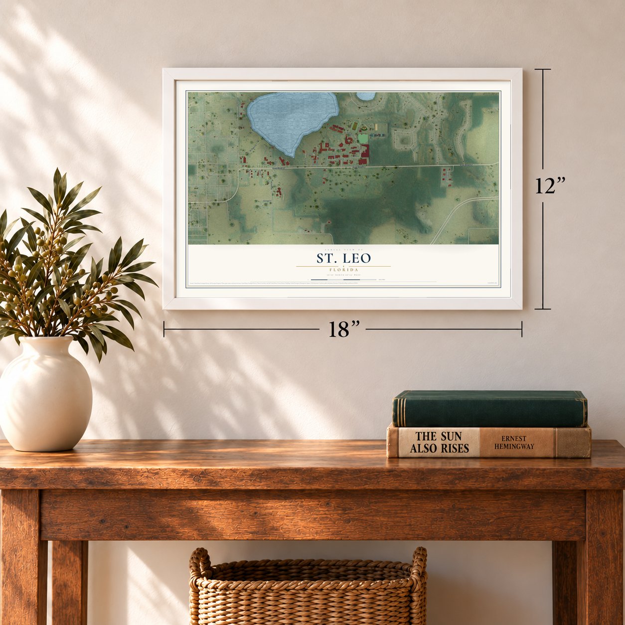 St. Leo, Florida map, 12 x 18 inch print in a white frame in an entryway