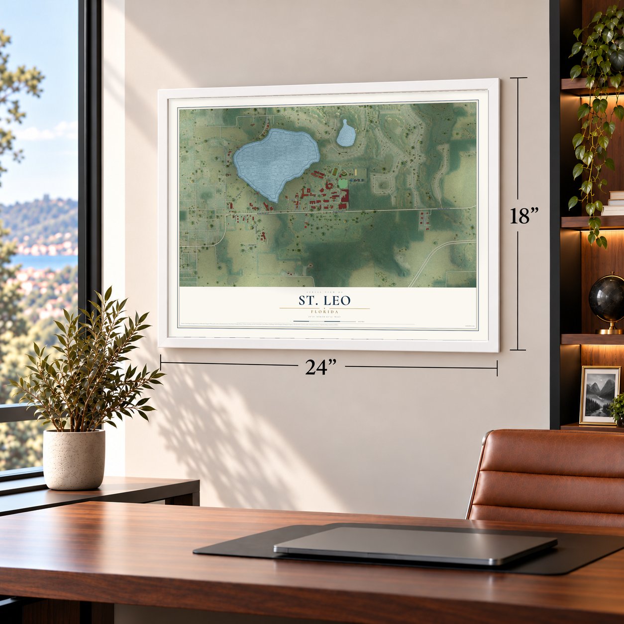 St. Leo, Florida map, 18 x 24 inch print in a white frame in a home office