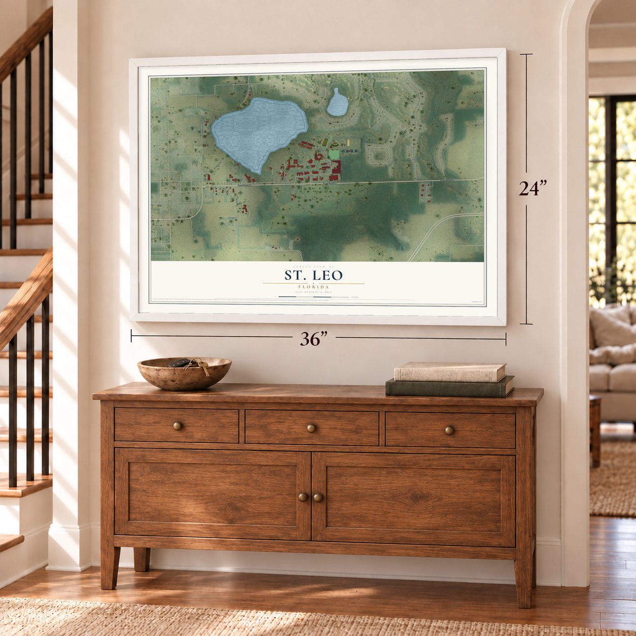 St. Leo, Florida map, 24 x 36 inch print in a white frame above a dresser by a staircase