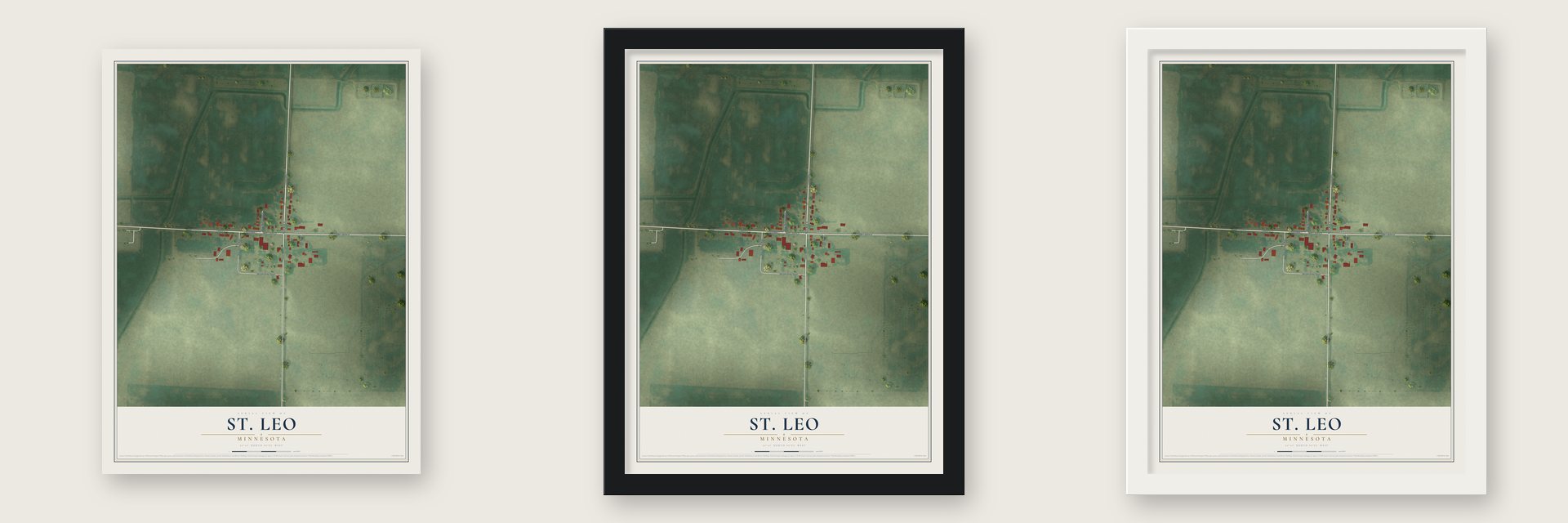 St. Leo, Minnesota map unframed, in a black wood frame and in a white wood frame