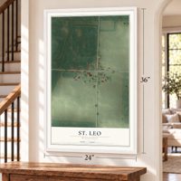 St. Leo, Minnesota map, 24 x 36 inch print in a white frame by a staircase