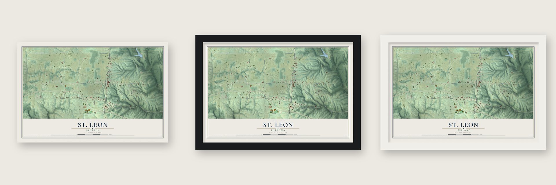 St. Leon, Indiana map unframed, in a black wood frame and in a white wood frame