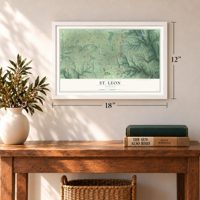 St. Leon, Indiana map, 12 x 18 inch print in a white frame in an entryway