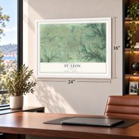 St. Leon, Indiana map, 18 x 24 inch print in a white frame in a home office