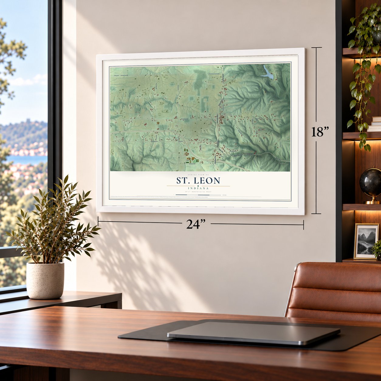 St. Leon, Indiana map, 18 x 24 inch print in a white frame in a home office