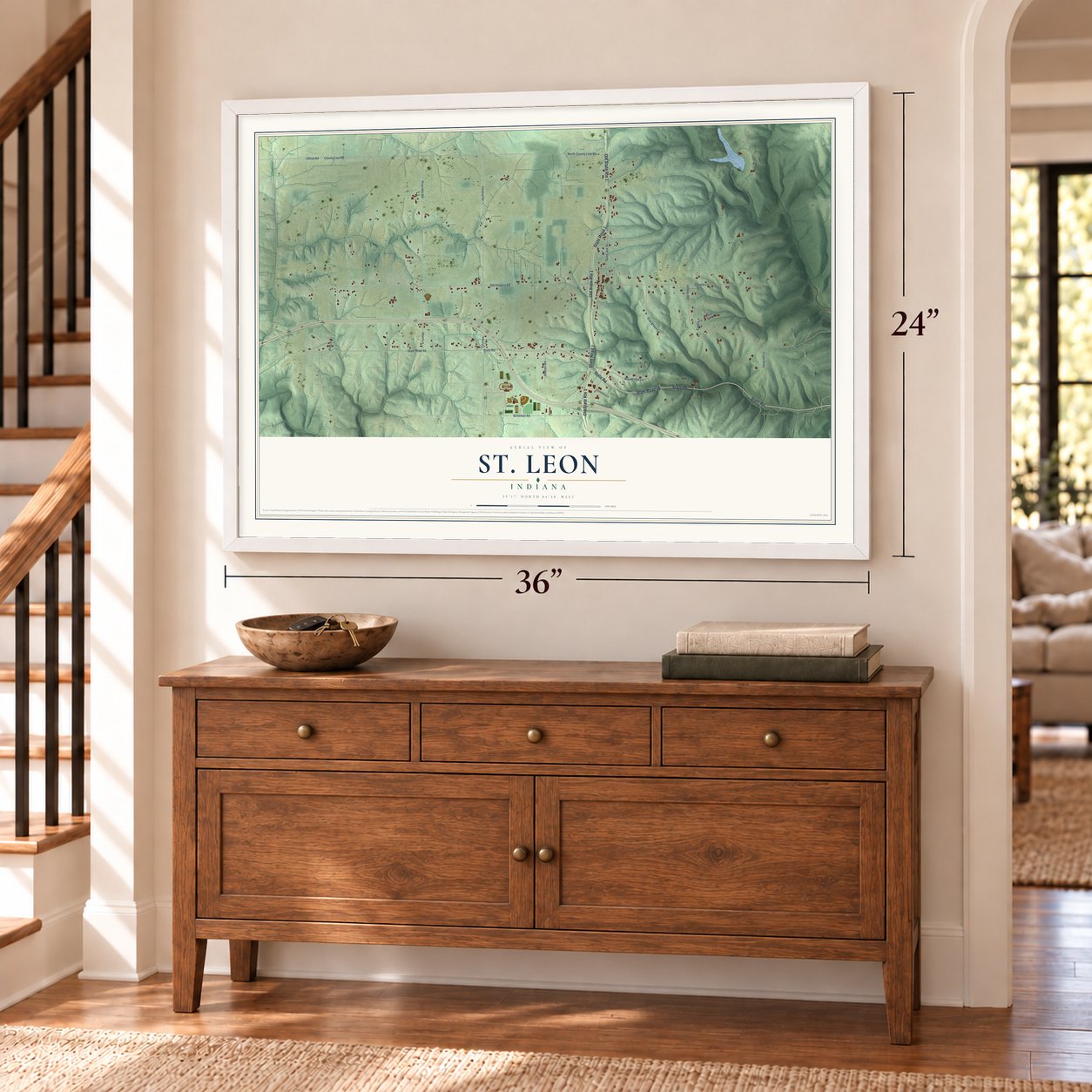 St. Leon, Indiana map, 24 x 36 inch print in a white frame above a dresser by a staircase
