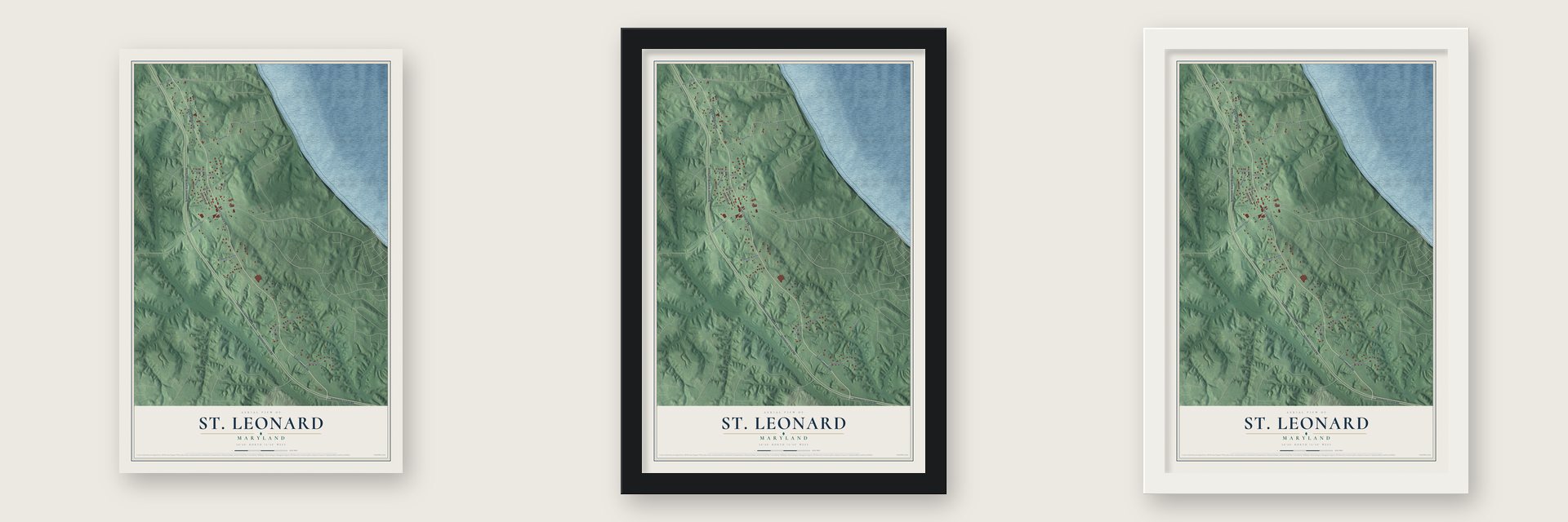 St. Leonard, Maryland map unframed, in a black wood frame and in a white wood frame