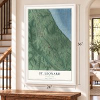 St. Leonard, Maryland map, 24 x 36 inch print in a white frame by a staircase