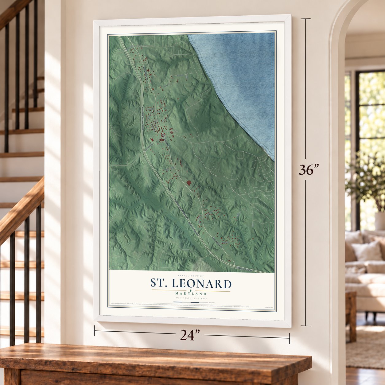St. Leonard, Maryland map, 24 x 36 inch print in a white frame by a staircase
