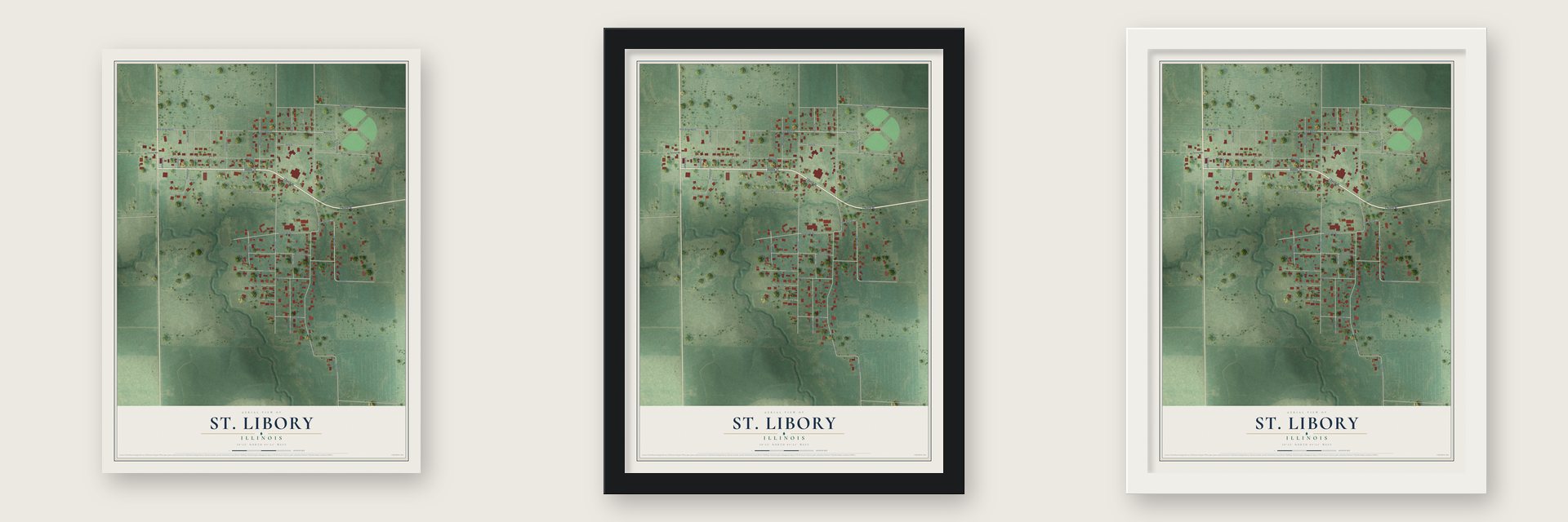 St. Libory, Illinois map unframed, in a black wood frame and in a white wood frame