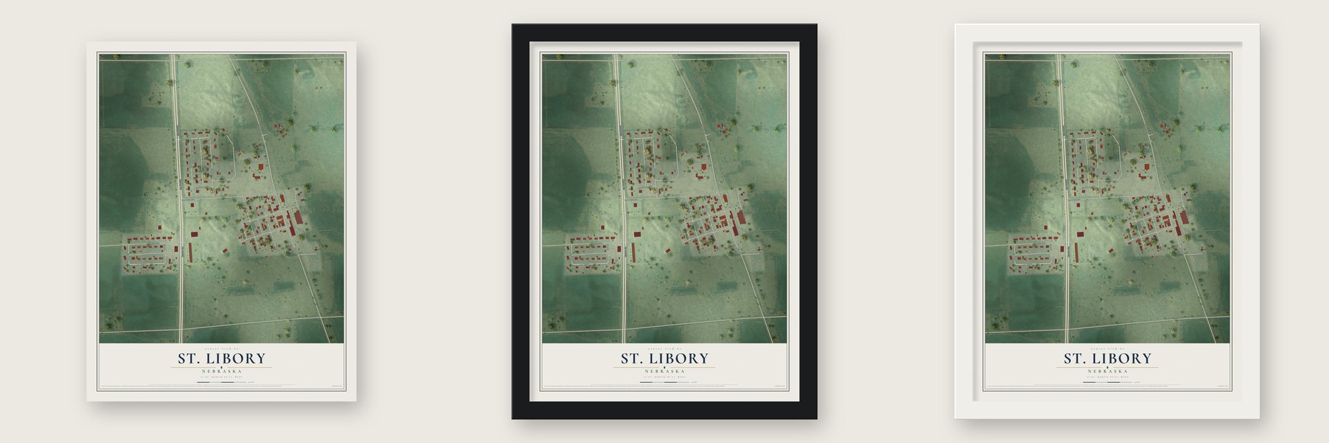 St. Libory, Nebraska map unframed, in a black wood frame and in a white wood frame