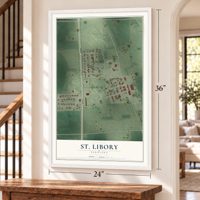 St. Libory, Nebraska map, 24 x 36 inch print in a white frame by a staircase
