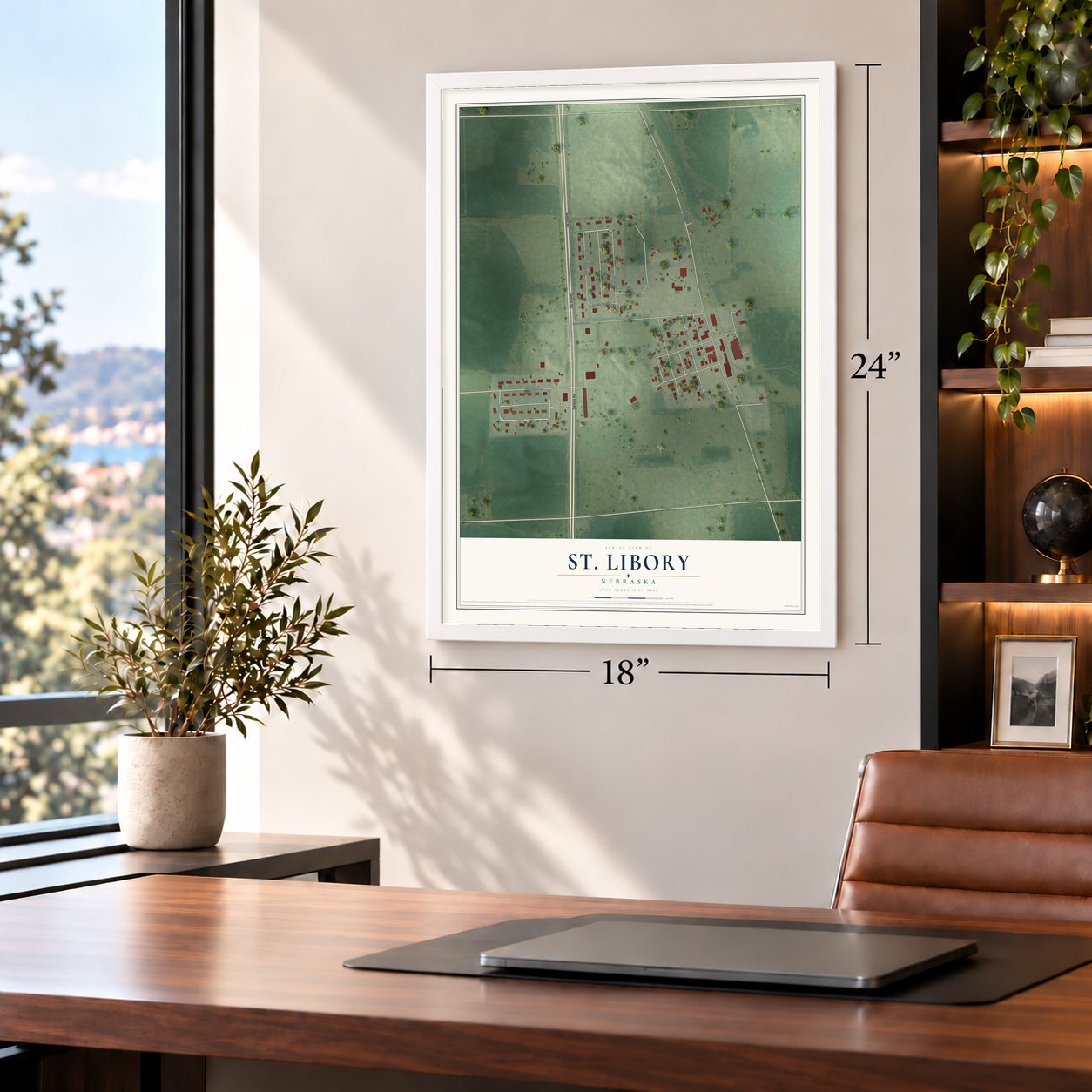 St. Libory, Nebraska map, 18 x 24 inch print in a white frame in a home office