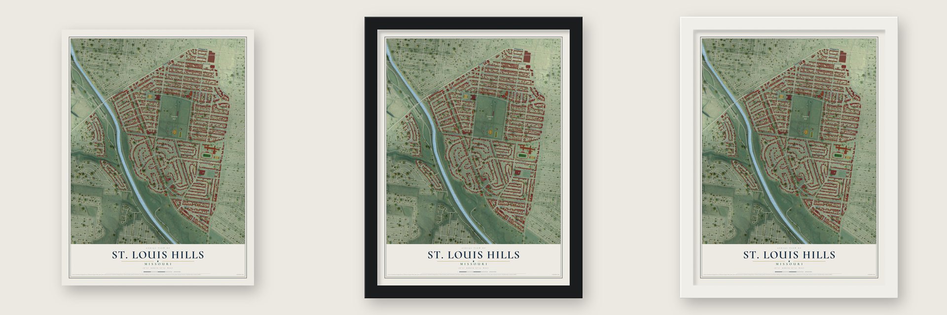 St. Louis Hills, Missouri map unframed, in a black wood frame and in a white wood frame
