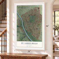 St. Louis Hills, Missouri map, 24 x 36 inch print in a white frame by a staircase