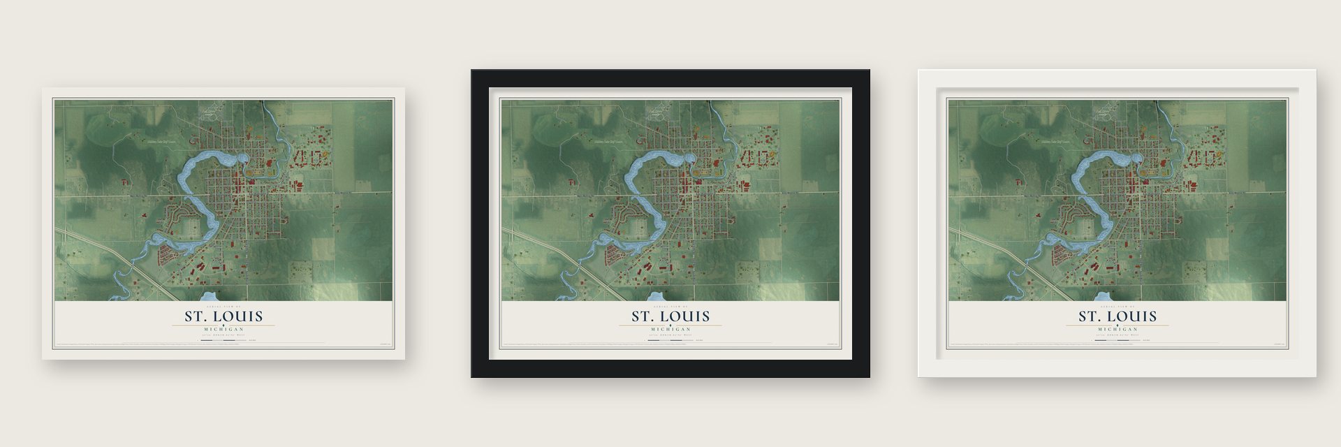 St. Louis, Michigan map unframed, in a black wood frame and in a white wood frame