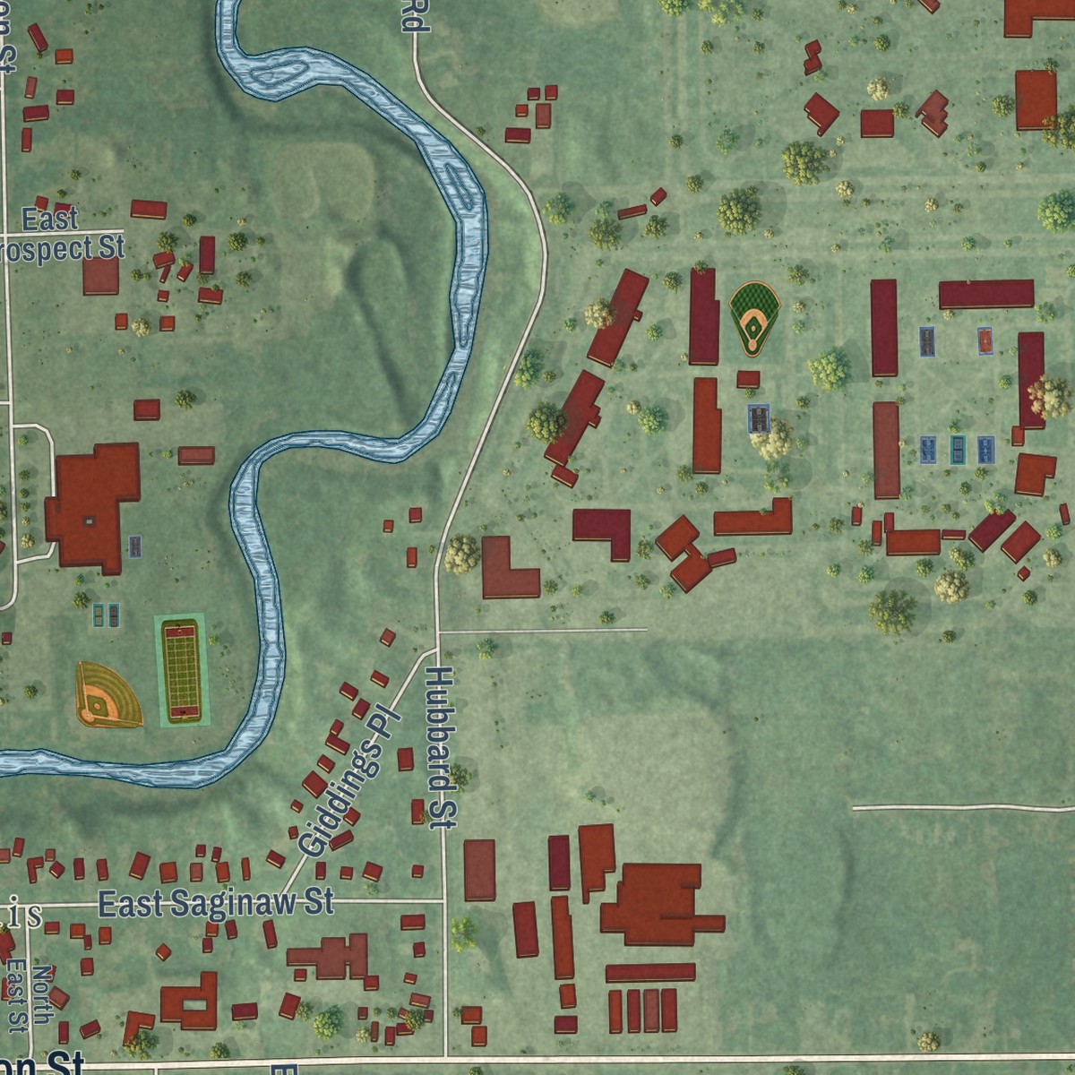 Second close-up of the map of St. Louis, Michigan print showing more streets and buildings