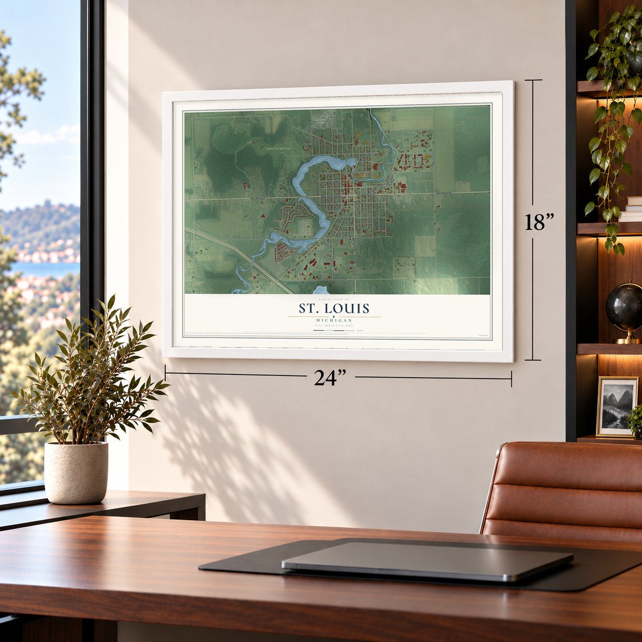 St. Louis, Michigan map, 18 x 24 inch print in a white frame in a home office