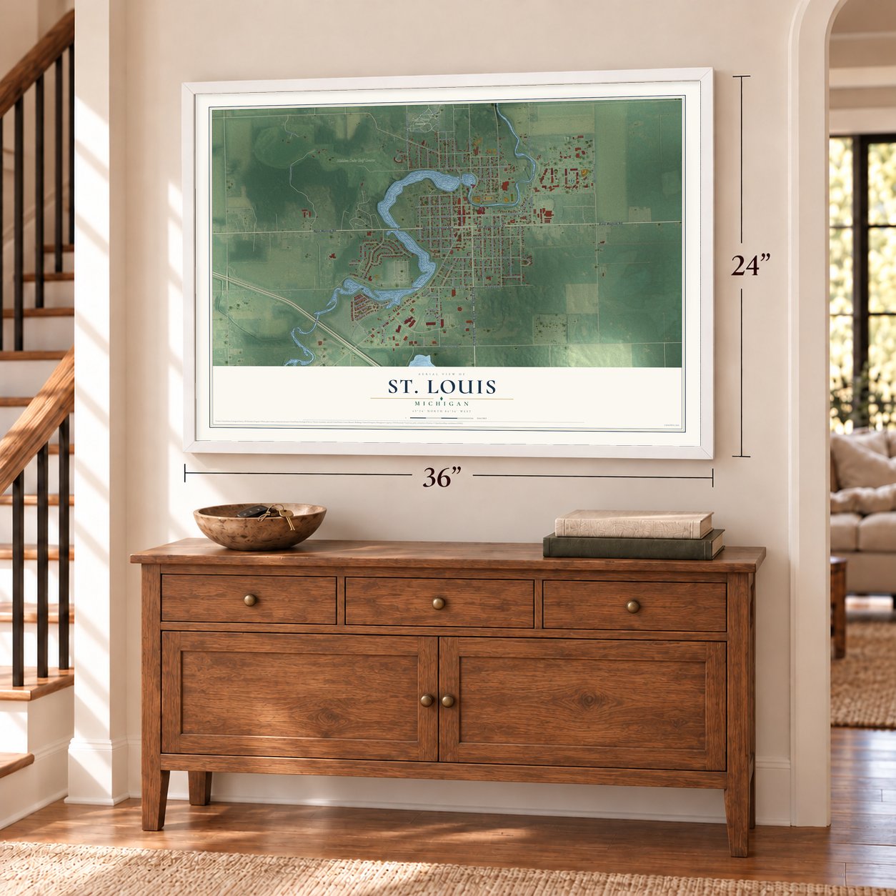 St. Louis, Michigan map, 24 x 36 inch print in a white frame above a dresser by a staircase