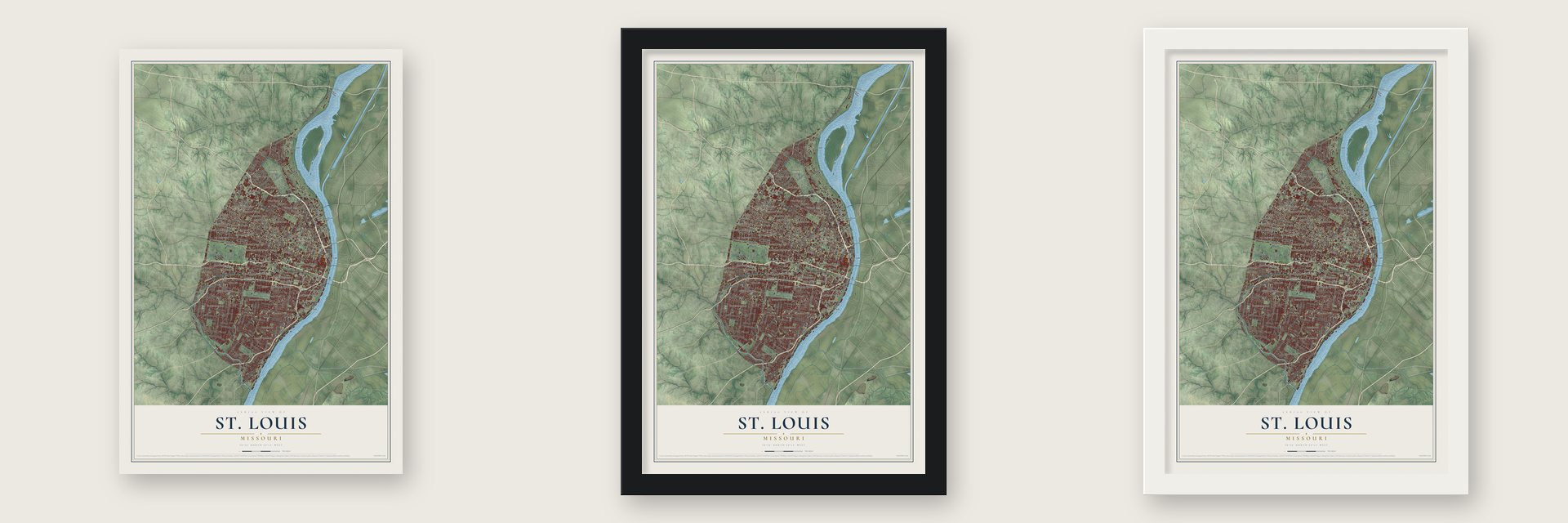 St. Louis, Missouri map unframed, in a black wood frame and in a white wood frame