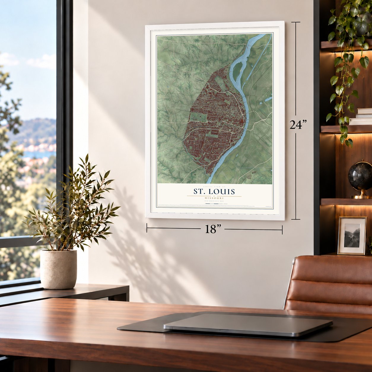 St. Louis, Missouri map, 18 x 24 inch print in a white frame in a home office