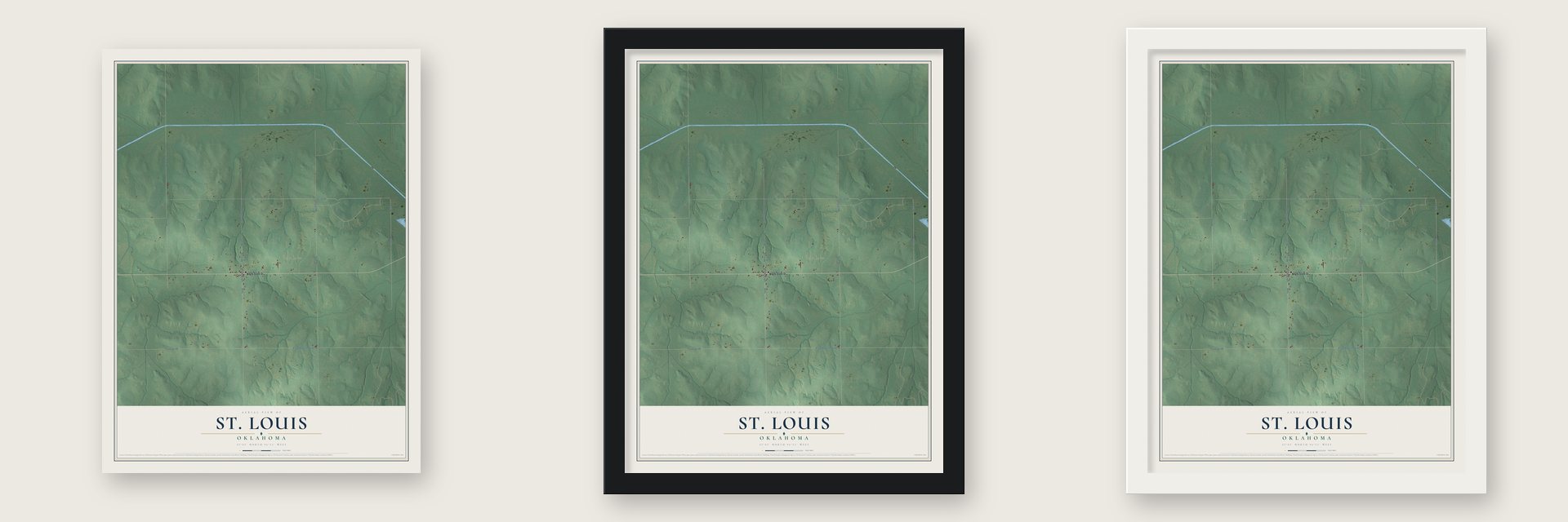 St. Louis, Oklahoma map unframed, in a black wood frame and in a white wood frame