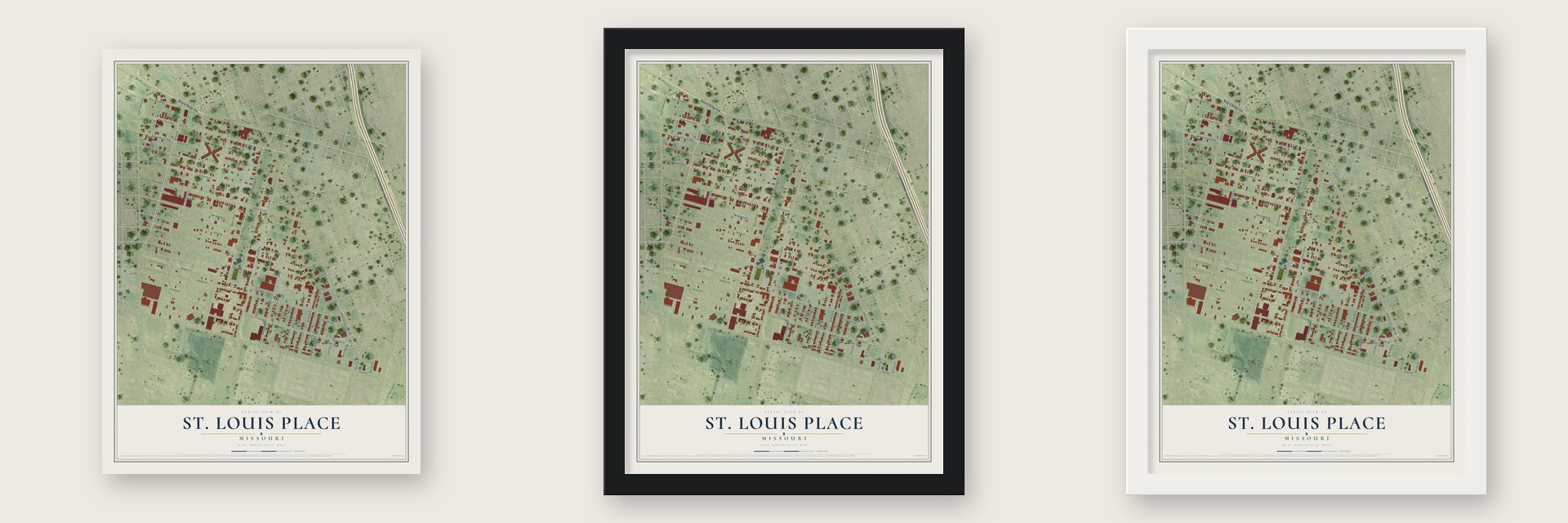 St. Louis Place, Missouri map unframed, in a black wood frame and in a white wood frame