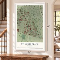 St. Louis Place, Missouri map, 24 x 36 inch print in a white frame by a staircase