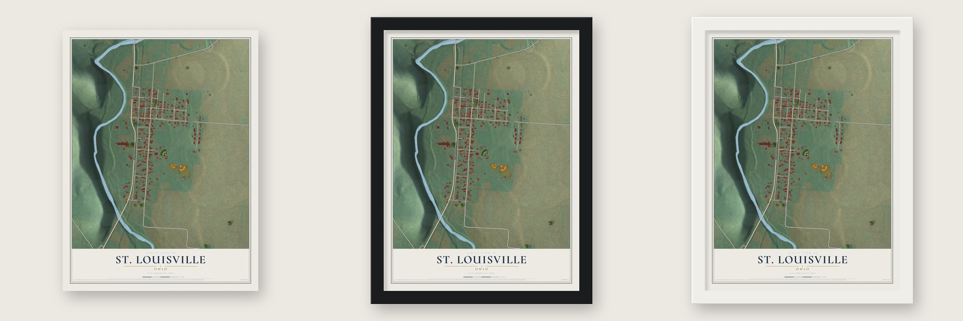 St. Louisville, Ohio map unframed, in a black wood frame and in a white wood frame