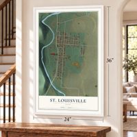 St. Louisville, Ohio map, 24 x 36 inch print in a white frame by a staircase