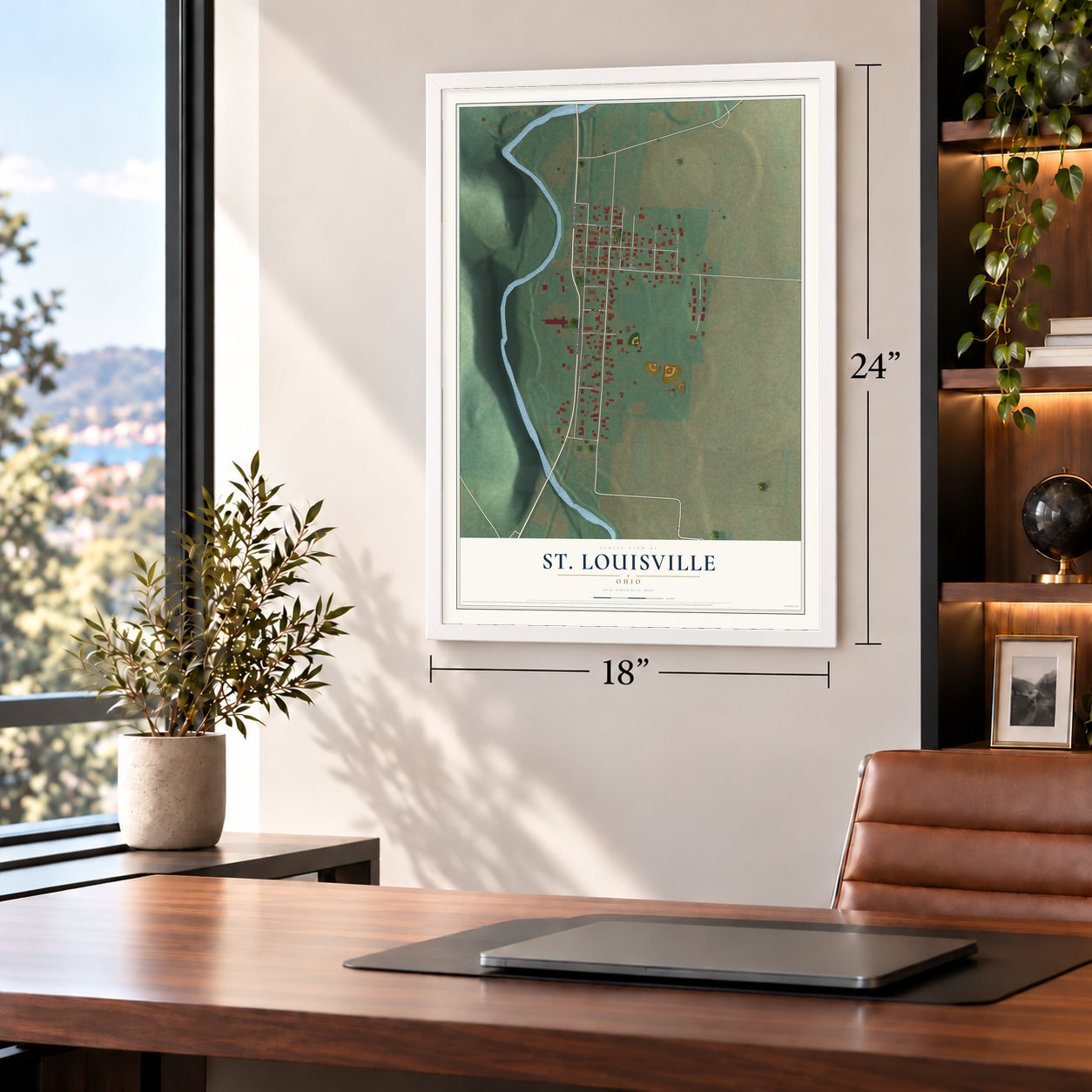 St. Louisville, Ohio map, 18 x 24 inch print in a white frame in a home office
