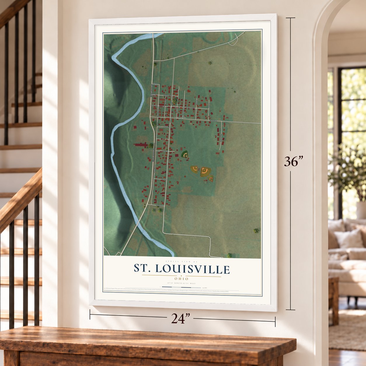 St. Louisville, Ohio map, 24 x 36 inch print in a white frame by a staircase