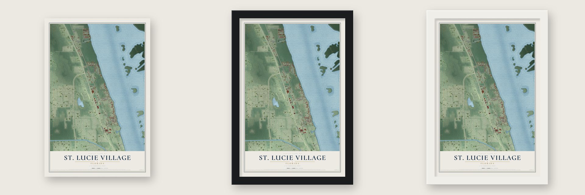 St. Lucie Village, Florida map unframed, in a black wood frame and in a white wood frame