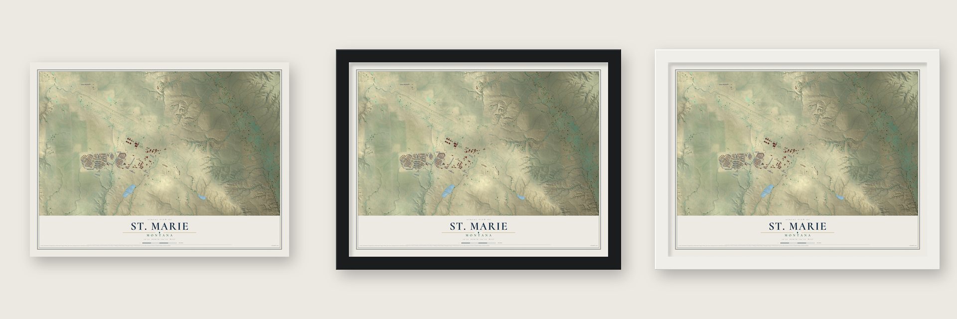 St. Marie, Montana map unframed, in a black wood frame and in a white wood frame
