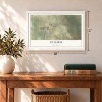 St. Marie, Montana map, 12 x 18 inch print in a white frame in an entryway