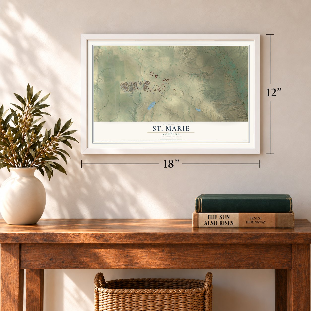 St. Marie, Montana map, 12 x 18 inch print in a white frame in an entryway