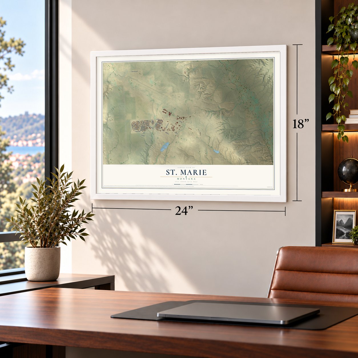St. Marie, Montana map, 18 x 24 inch print in a white frame in a home office