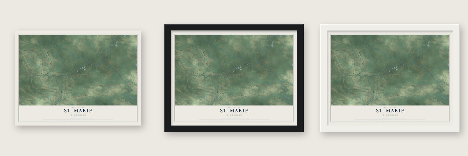 St. Marie, Wisconsin map unframed, in a black wood frame and in a white wood frame