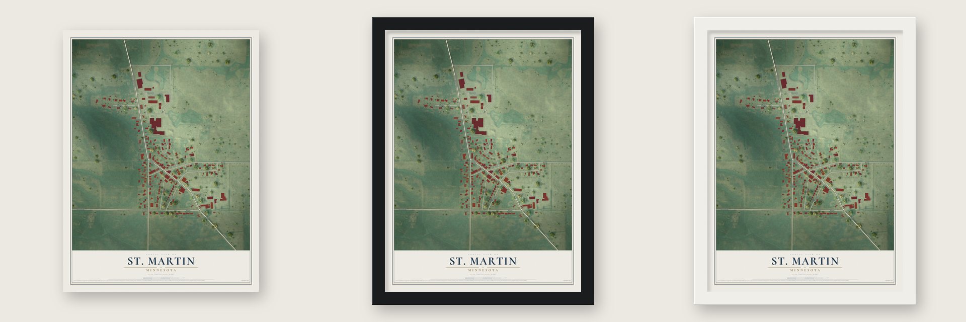 St. Martin, Minnesota map unframed, in a black wood frame and in a white wood frame