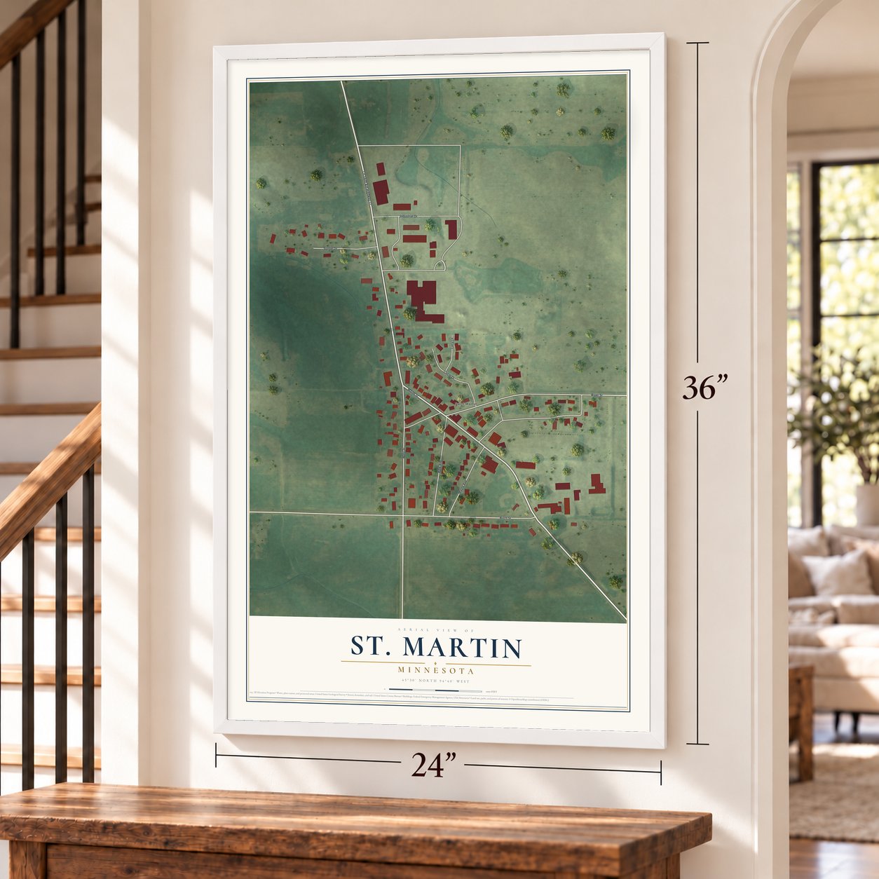 St. Martin, Minnesota map, 24 x 36 inch print in a white frame by a staircase