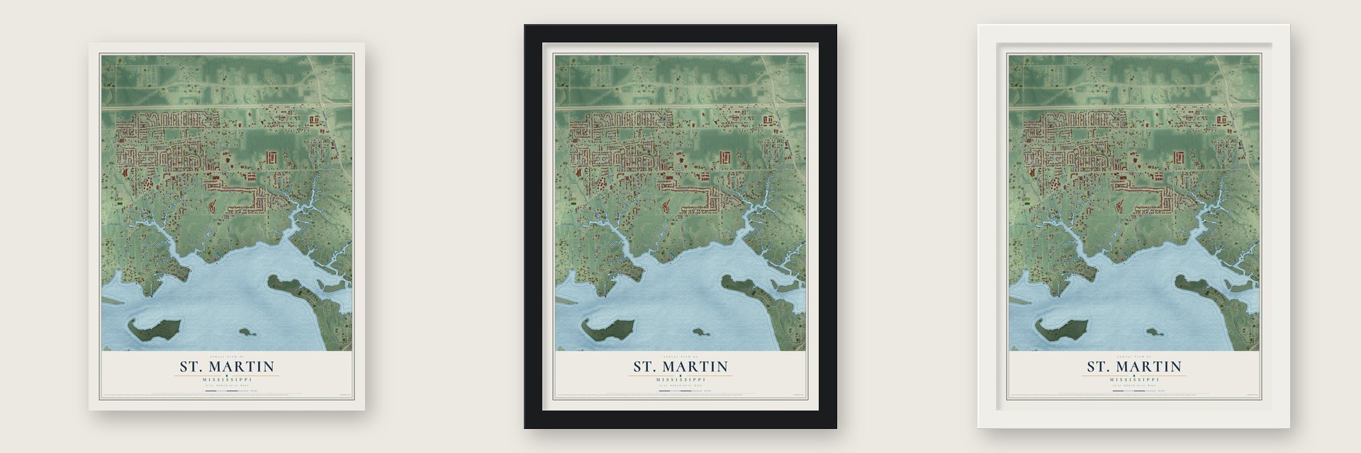 St. Martin, Mississippi map unframed, in a black wood frame and in a white wood frame