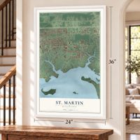 St. Martin, Mississippi map, 24 x 36 inch print in a white frame by a staircase