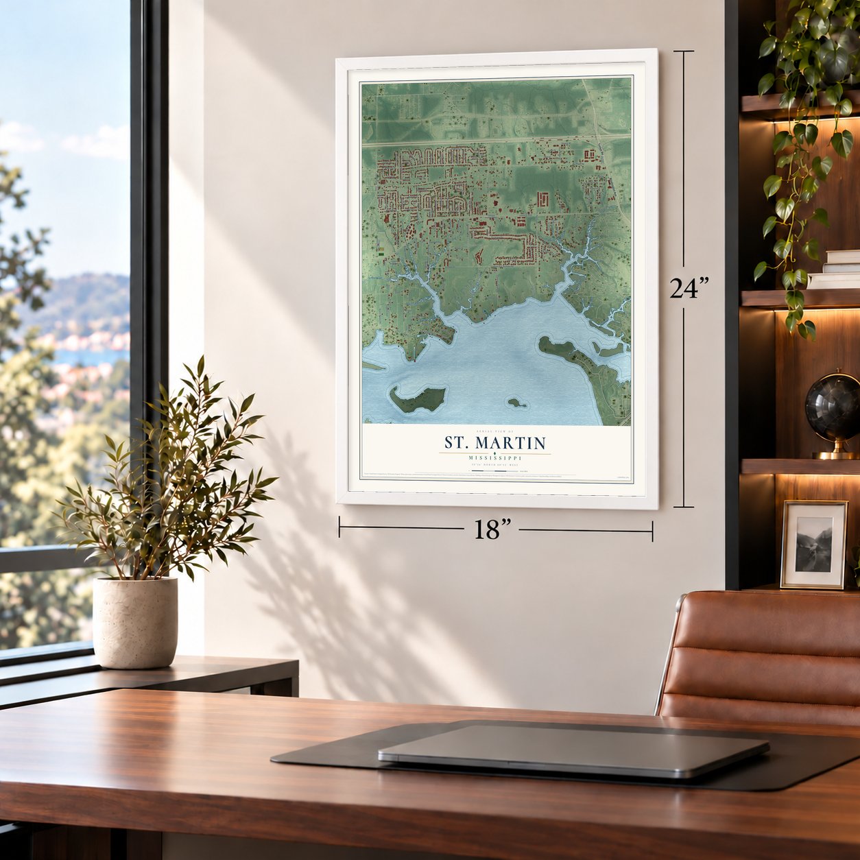 St. Martin, Mississippi map, 18 x 24 inch print in a white frame in a home office