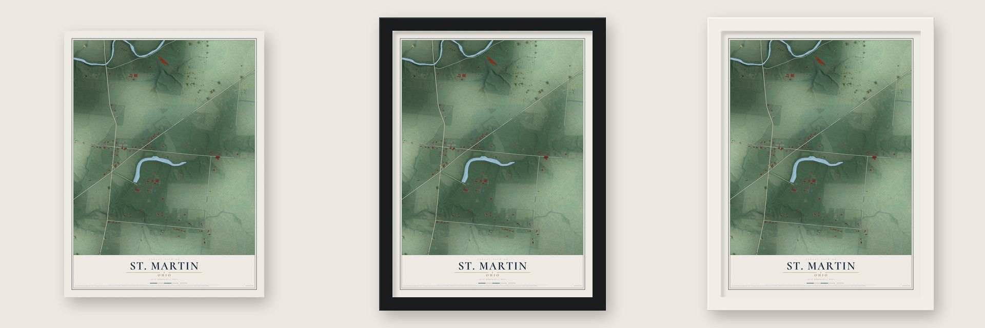St. Martin, Ohio map unframed, in a black wood frame and in a white wood frame
